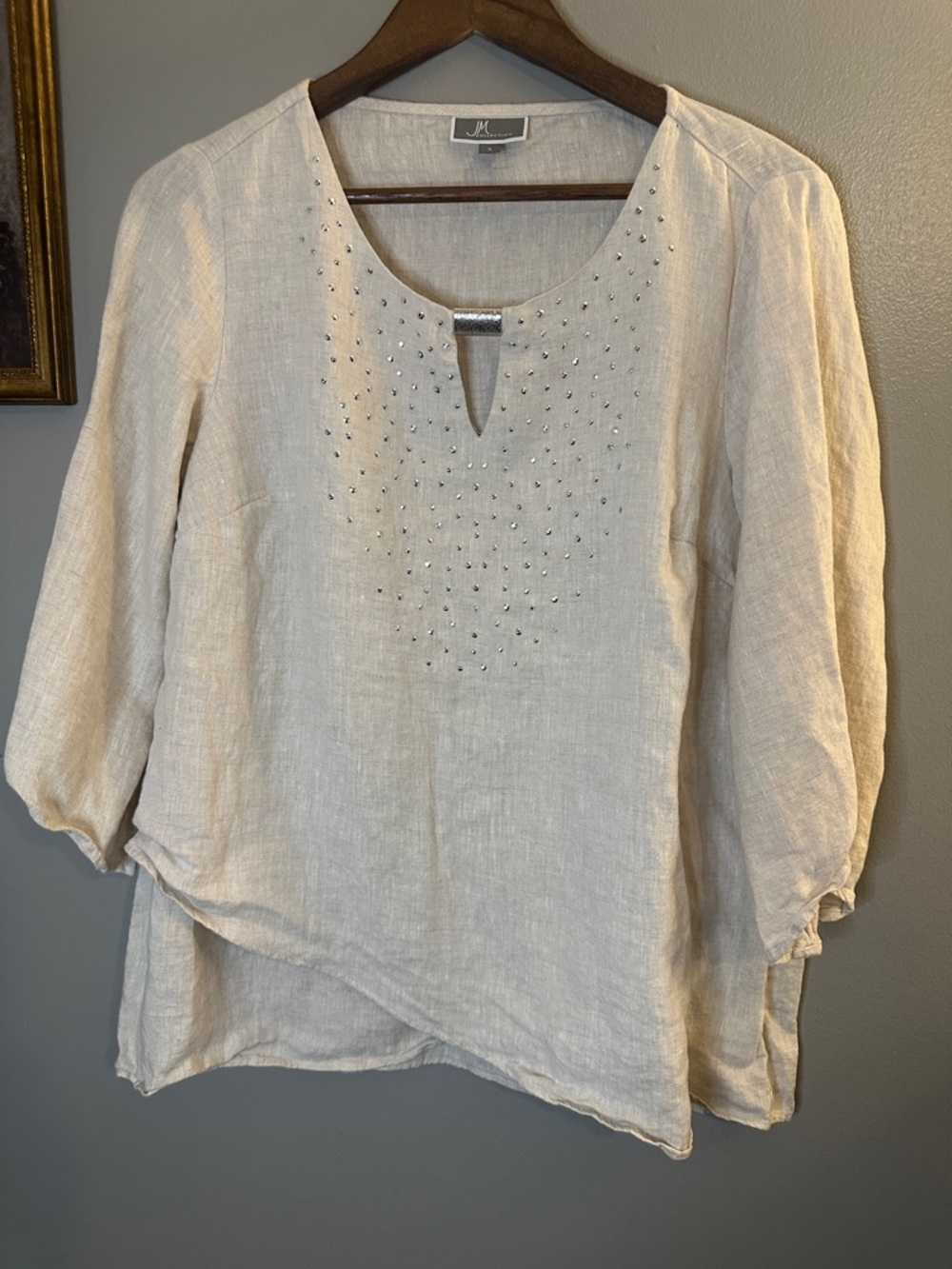 JM Collection 100% Linen Embellished Tunic Blouse Cream Beige Size Small - Picture 6 of 7